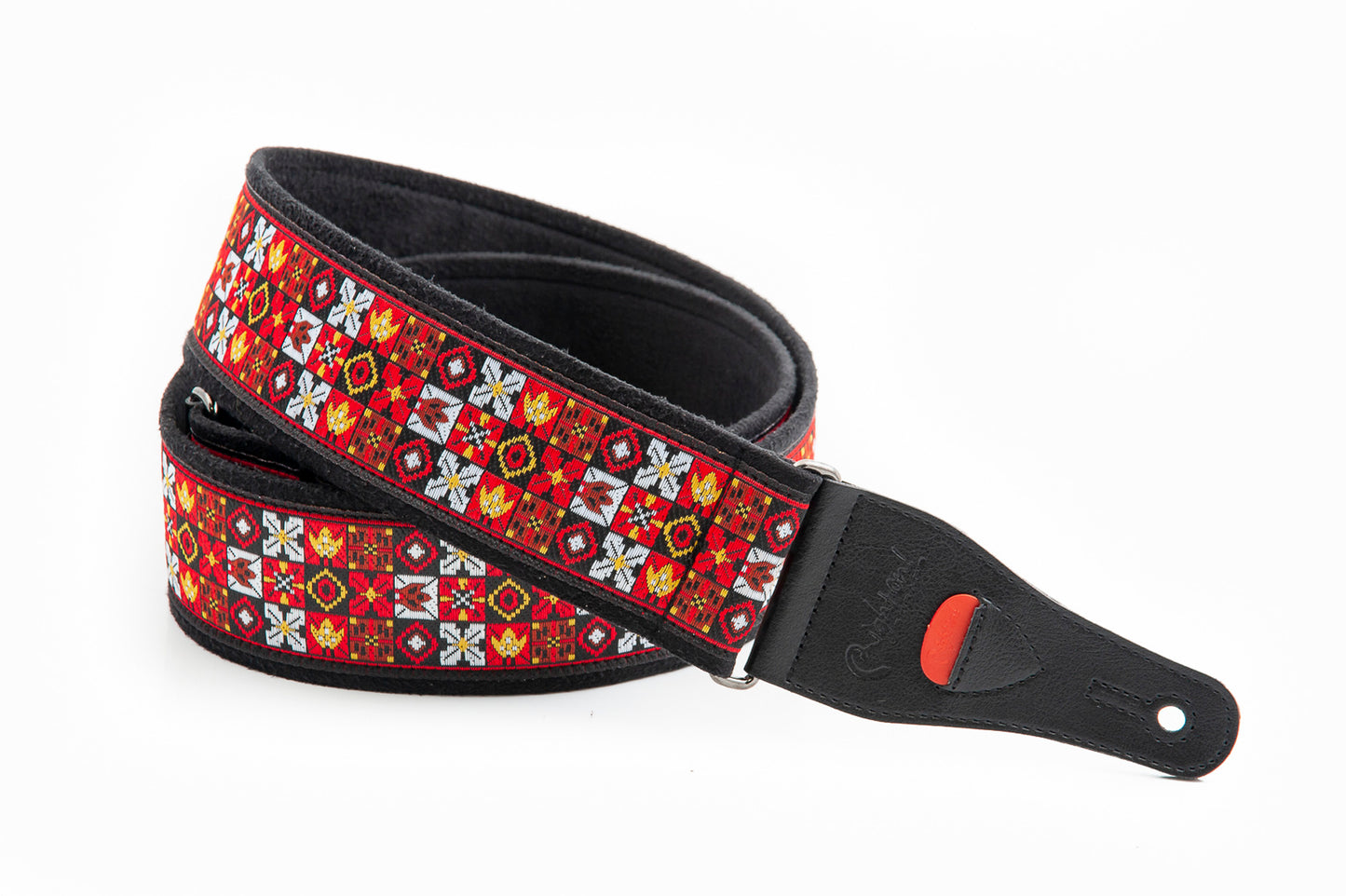 Courroie modèle LEGEND JH.II, tissu Jacquard, largeur 6 cm, longueur 90 à 150 cm, porte-médiators intégré, rouge