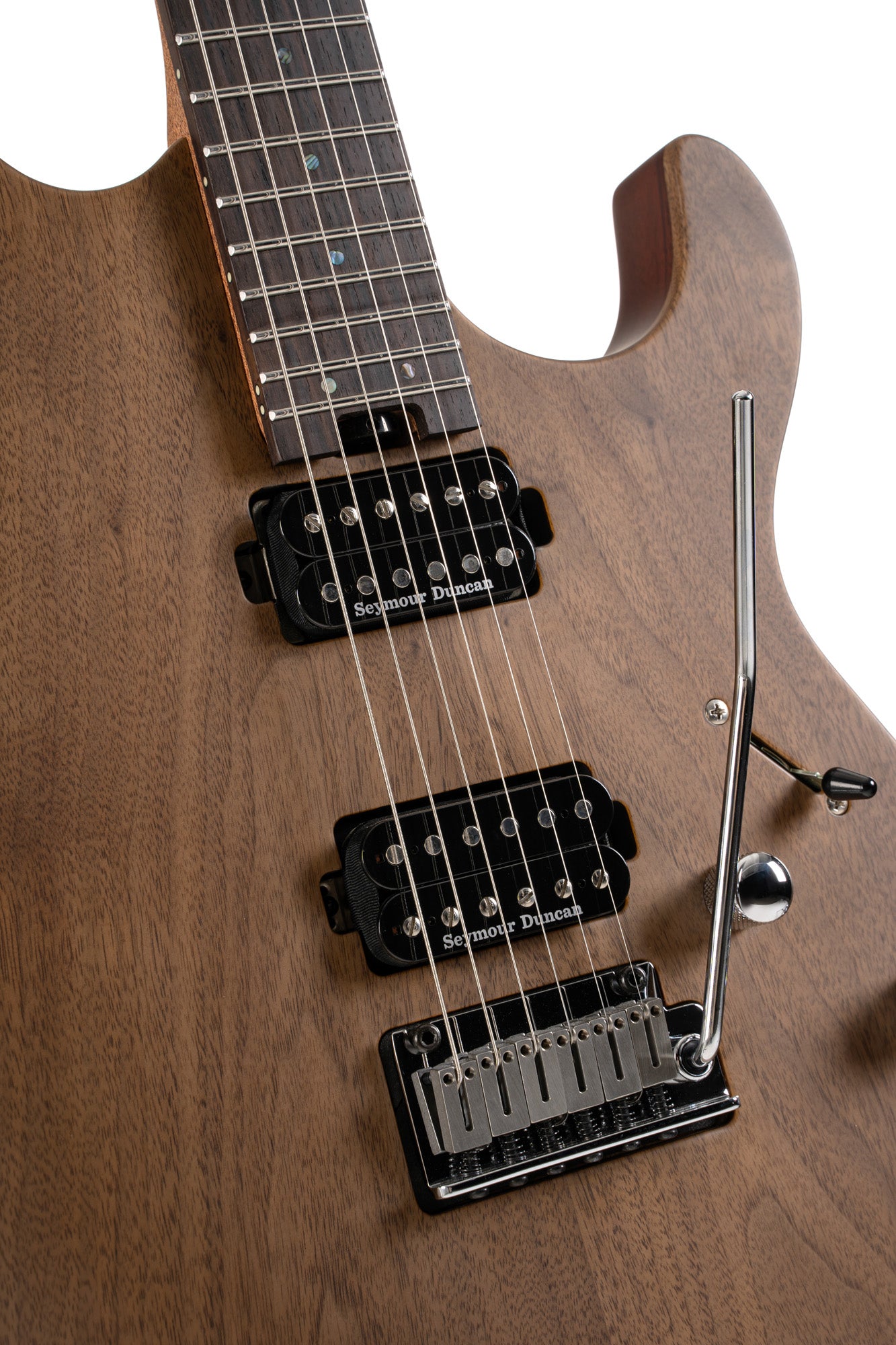 G300 RAW, corps acajou chambré, table noyer, manche acajou, touche palissandre, 2 micros Seymour Duncan, naturel satiné