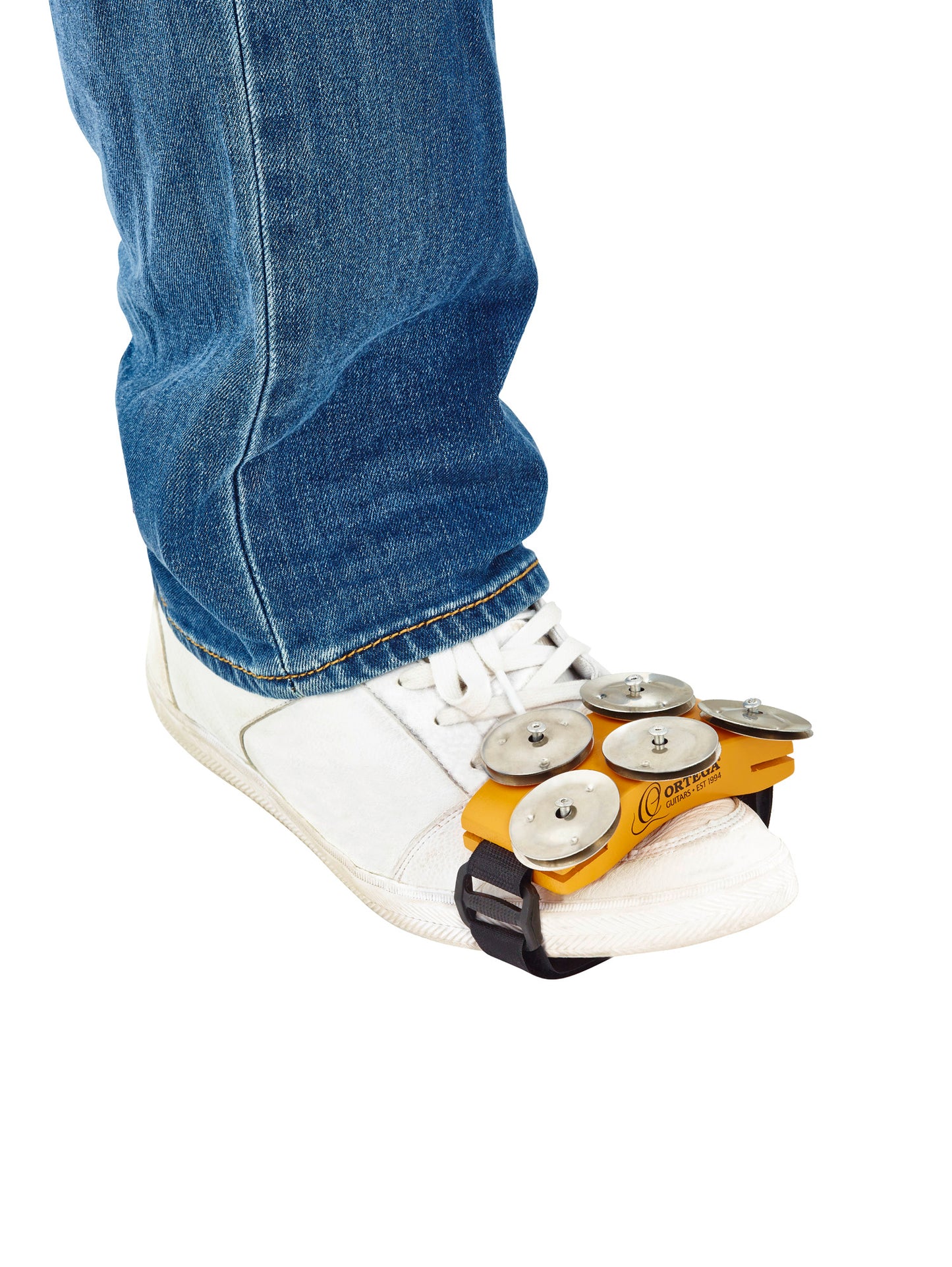 Tambourin au pied pour chanteur guitariste, hévéa, 5 paires de cymbalettes acier, design ergonomique, montage facile, orange