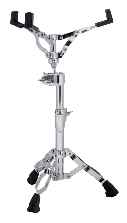 Support caisse claire, rotule centrale de réglage, pied à double embase, ajustements par paliers, bague mémoire, chrome