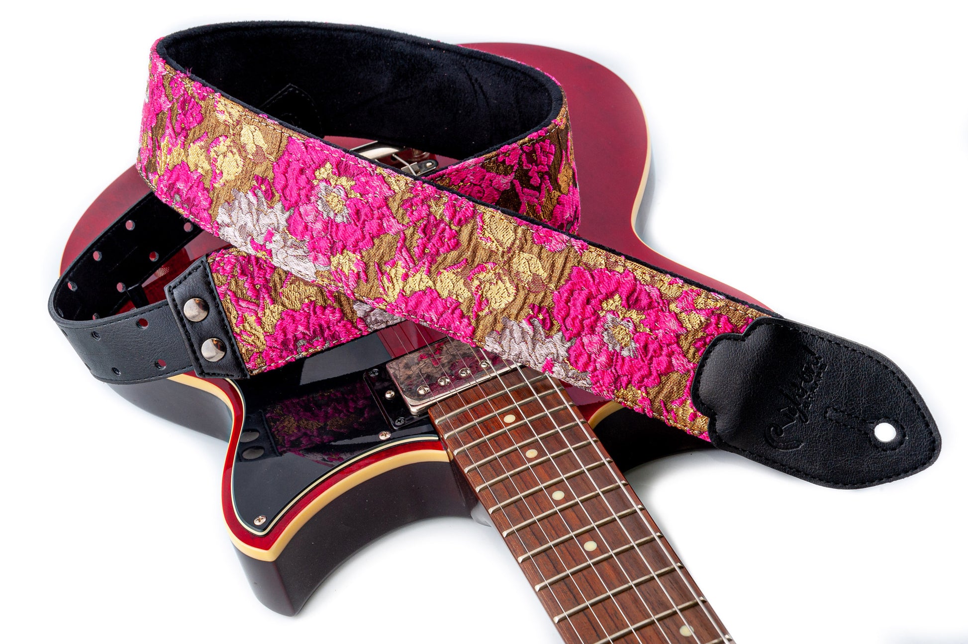 Courroie modèle GOLD & ROSES, extérieur synthétique et tissu, largeur 7 cm, longueur 95 à 150 cm, porte-médiators, rose