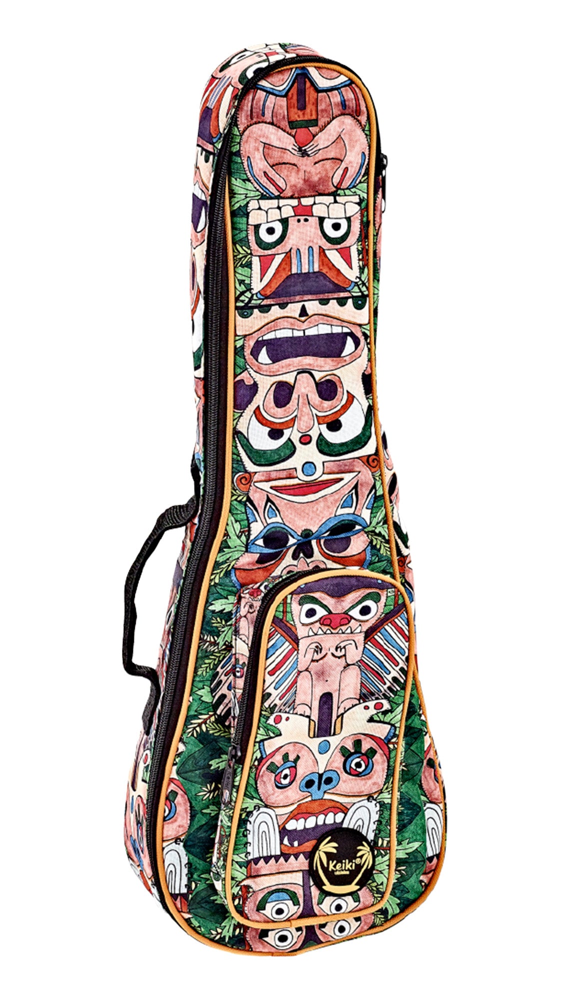 Housse Ukulélé Soprano, design"Totem", nylon doux et solide, rembourrage 10 mm, courroies ajustables, poche accessoires