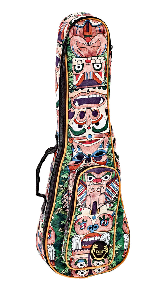 Housse Ukulélé Soprano, design"Totem", nylon doux et solide, rembourrage 10 mm, courroies ajustables, poche accessoires