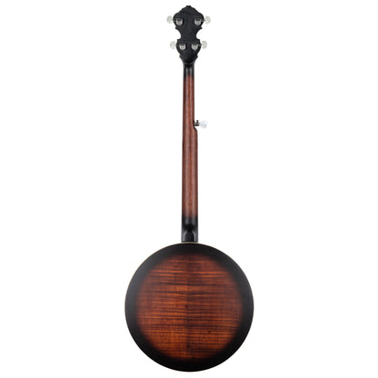 OBJ300, banjo 5 cordes, 24 tirants, fond érable, éclisses acajou, manche acajou, touche palissandre, whiskey burst satiné