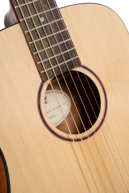 Earth Go, modèle Dreadnought 3/4, table épicéa massif, fond & éclisses acajou, HyVibe 2,  housse, naturel pores ouverts