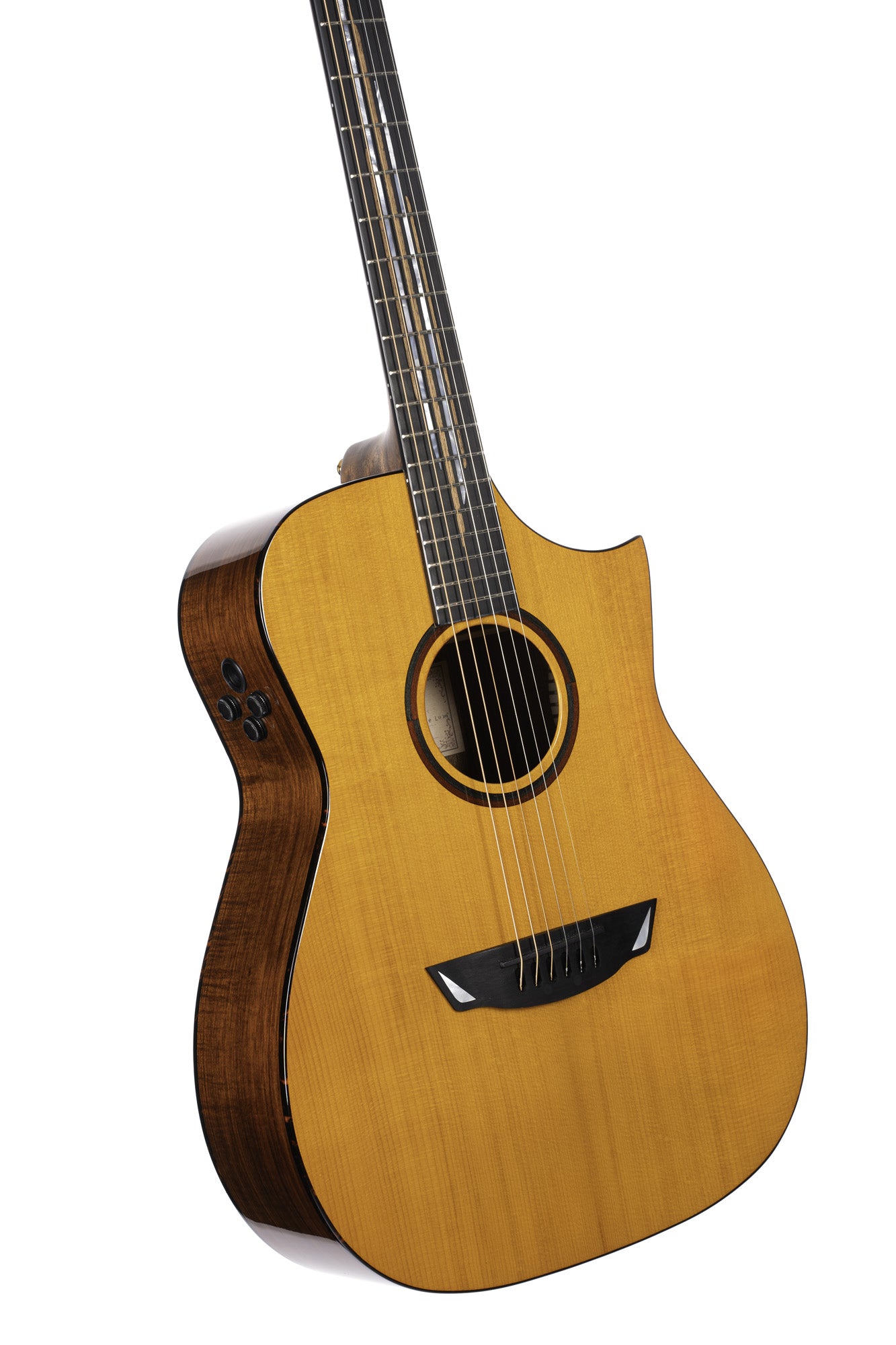 LUXE II, Frank Gambale Signature, forme Concert, table épicéa massif, f/e blackwood flammé, EQ Fishman, naturel brillant