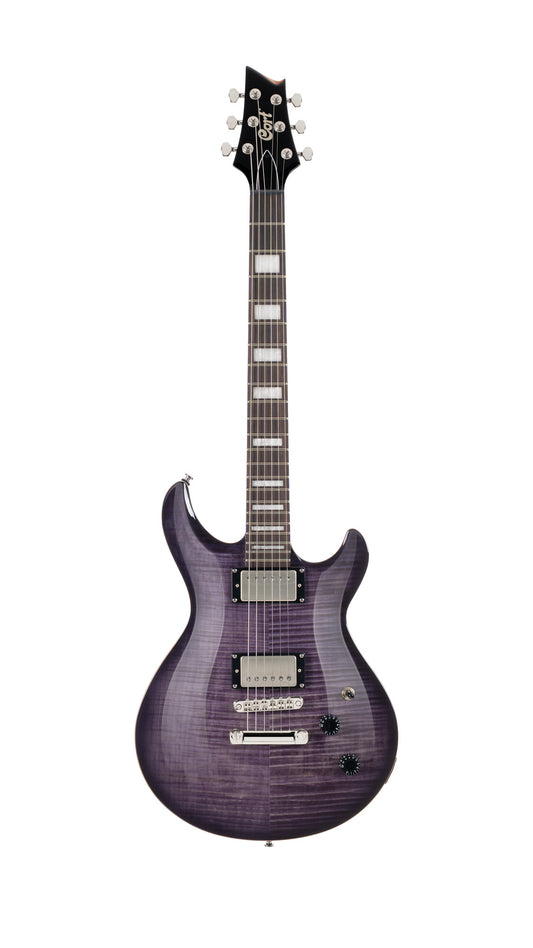 M600, corps acajou, placage érable flammé, manche collé acajou, 2 micros doubles Cort Voiced Tone VTH-59, trans purple burst