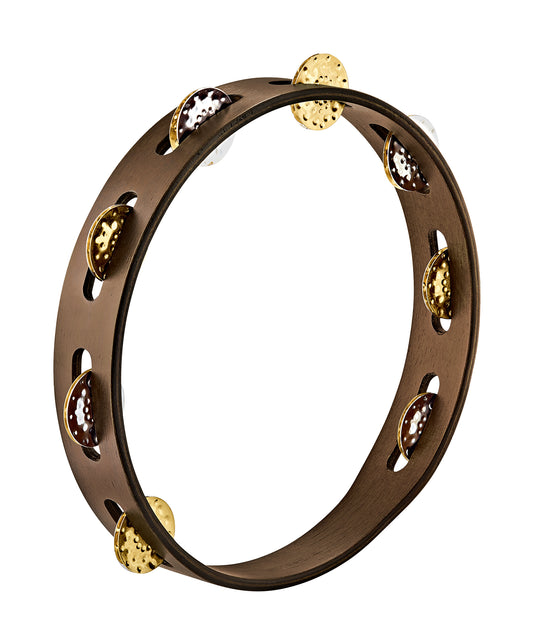 Tambourin bois 10", 1 rangée de cymbalettes nickel martelé et laiton martelé, Walnut brown