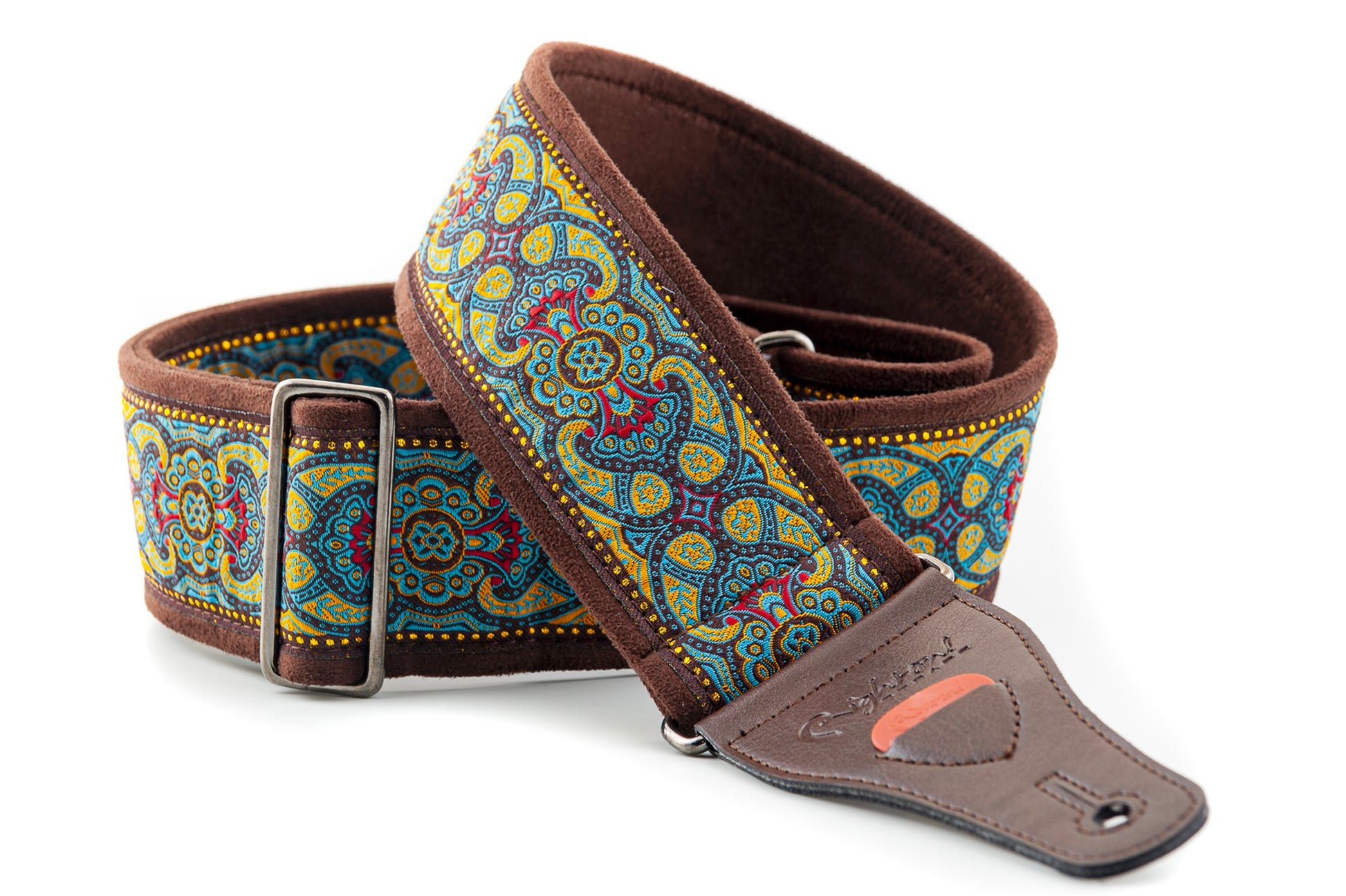 Courroie modèle ROSEKILDE II, tissu Jacquard, largeur 6 cm, longueur 90 à 150 cm, porte-médiators intégré, turquoise