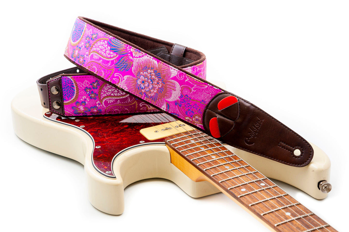 Courroie modèle HOKKAIDO, extérieur synthétique, largeur 6 cm, longueur 100 à 150 cm, porte-médiators intégré, rose