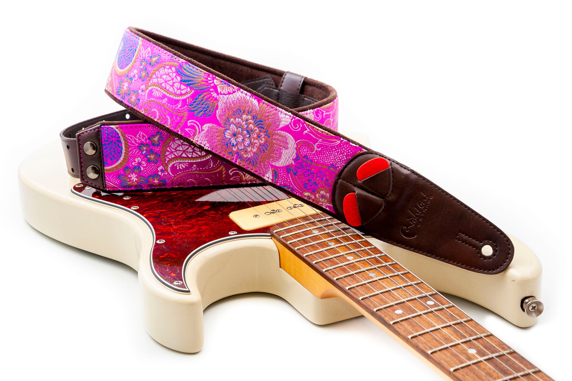 Courroie modèle HOKKAIDO, extérieur synthétique, largeur 6 cm, longueur 100 à 150 cm, porte-médiators intégré, rose