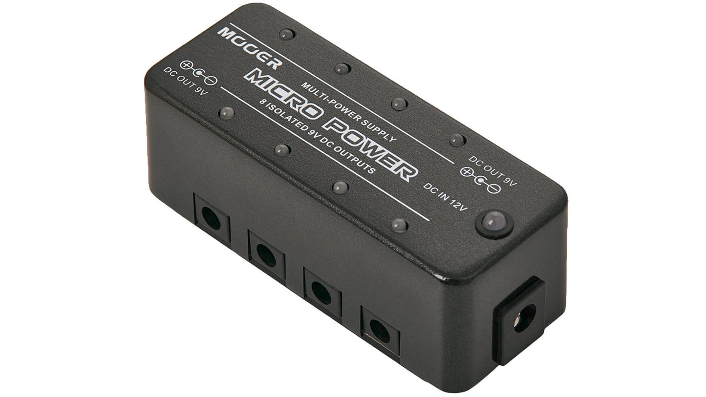 Pédale MICRO POWER, alimentation pour pédales, 8 sorties 9V (300 mA chacune), livré avec câble et adaptateur 12V/2A, noir