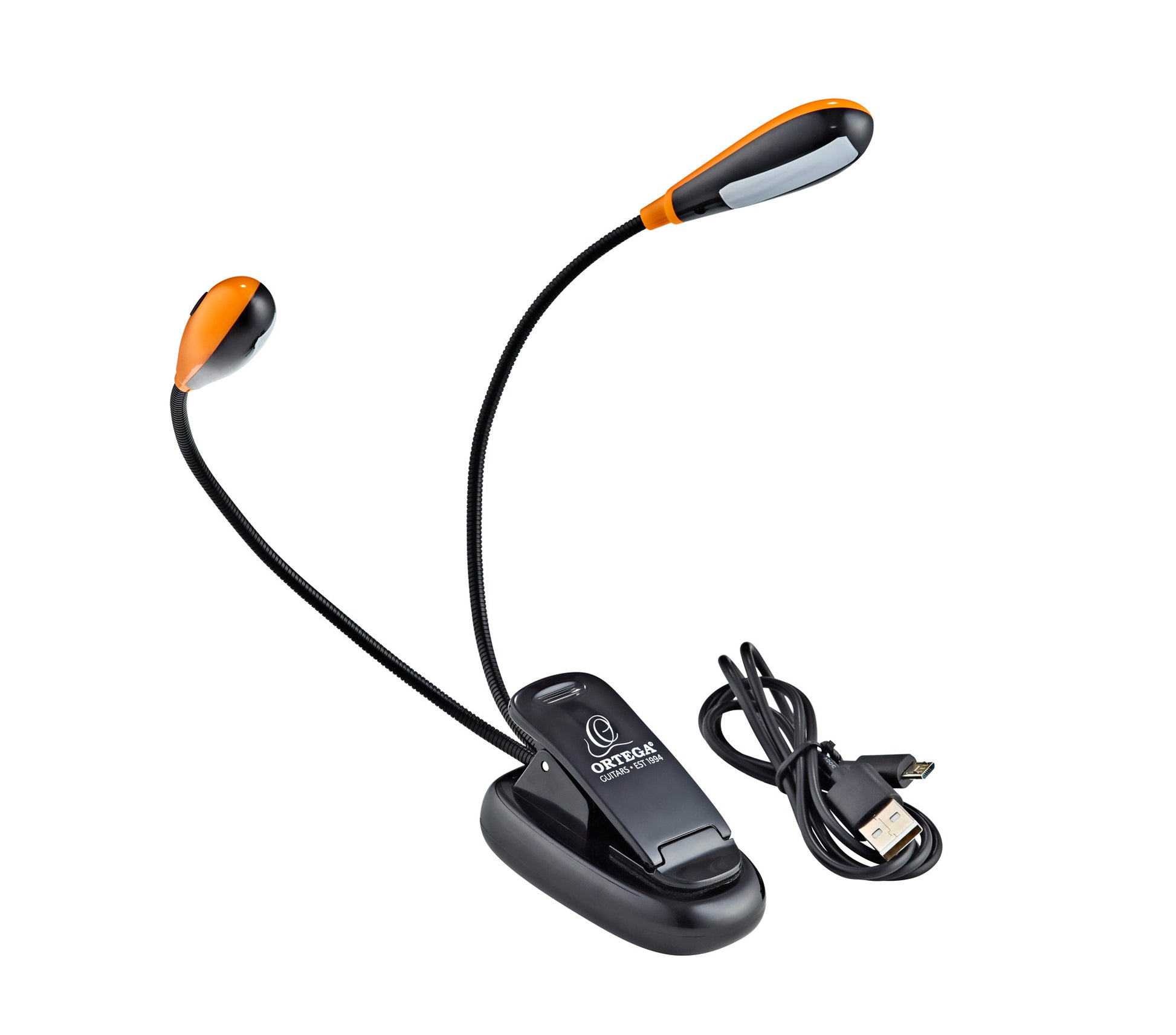 Lampe de pupitre à pince, 2x2 LEDS, rechargeable via USB (câble inclus), 160 lumens, noir et orange