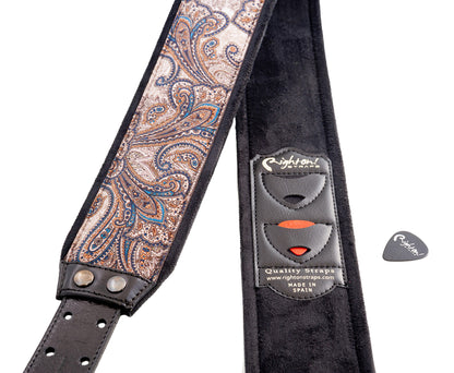 Courroie modèle J-PAISLEY, extérieur velours, largeur 7 cm, longueur 95 à 150 cm, porte-médiators intégré, brun
