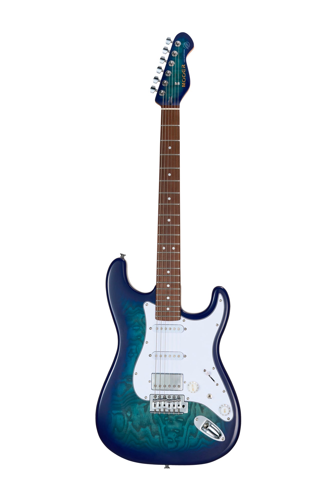 MOOER MSC20PRO, corps peuplier, manche érable torréfié satiné, touche jatoba, bleu, avec housse