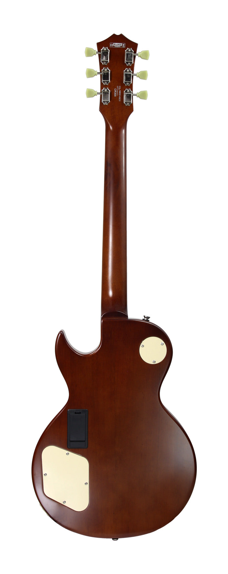 CR300, corps acajou, table érable, manche collé acajou, touche jatoba, 2 micros doubles EMG RetroActive, aged vintage burst