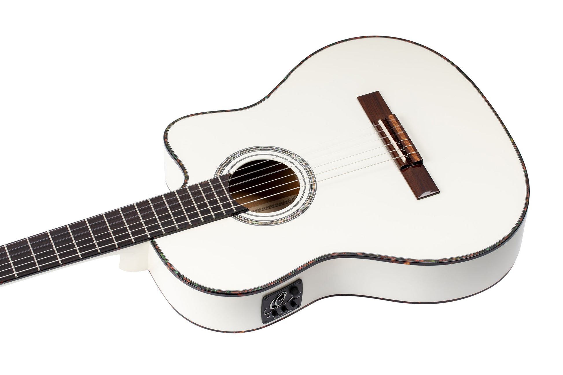 RCE145, modèle à caisse fine, pan coupé, EQ MagusPro, table épicéa massif, manche acajou (sillet 48 mm), blanc brillant