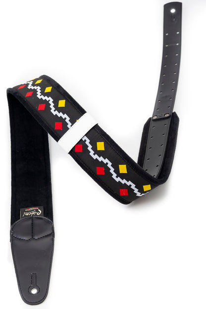 Courroie modèle GET BACK FR, extérieur synthétique et tissu, largeur 6 cm, longueur 100 à 145 cm, porte-médiators, noir et blanc