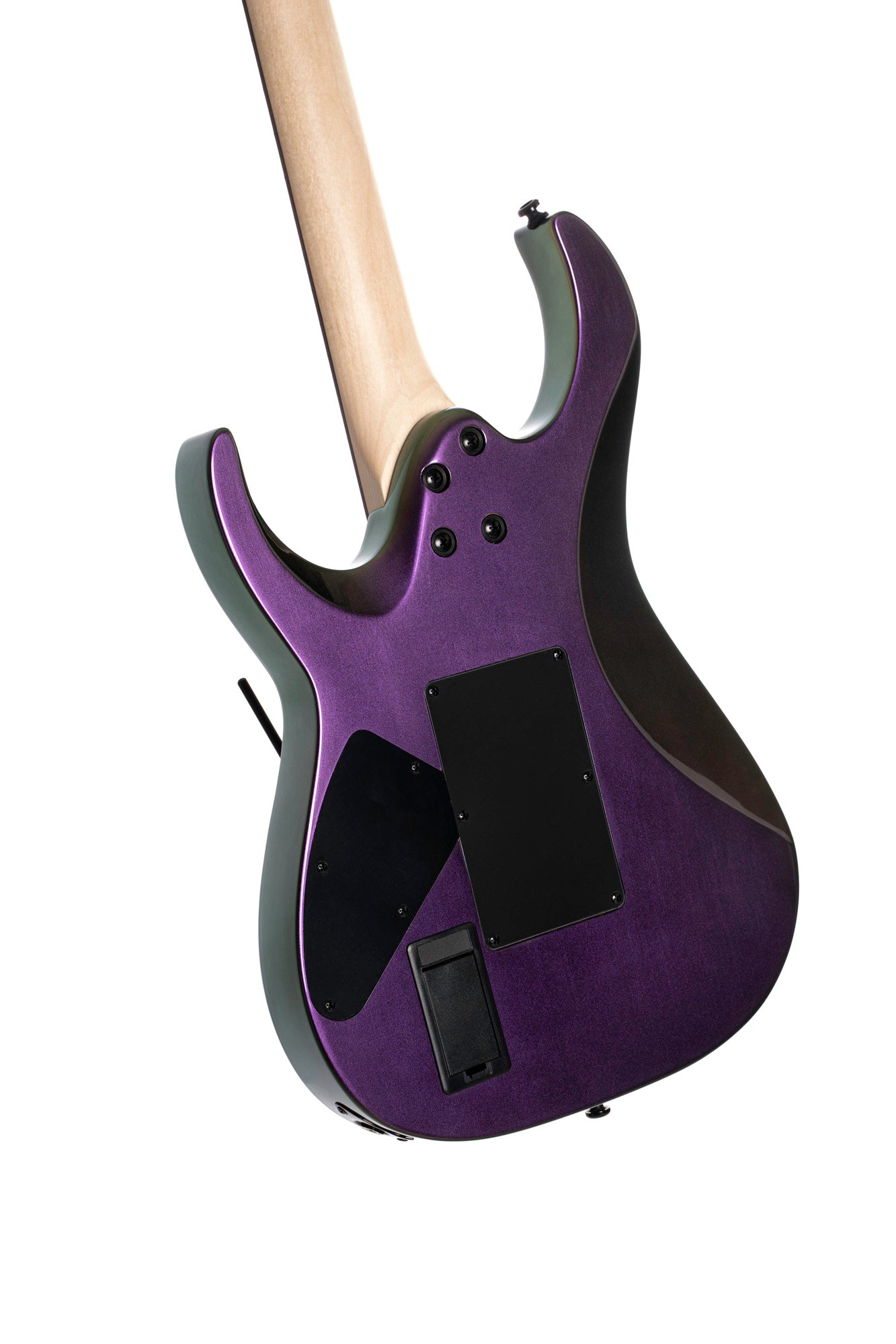 X300, corps tilleul, manche érable, touche palissandre, vibrato Floyd Rose, 2 micros EMG RetroActive Hot70, flip purple
