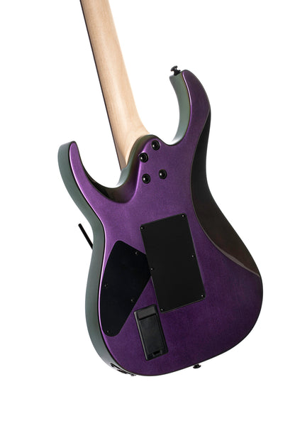 X300, corps tilleul, manche érable, touche palissandre, vibrato Floyd Rose, 2 micros EMG RetroActive Hot70, flip purple