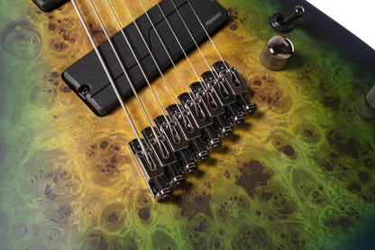 KX508MS2, 8 cordes, corps okoumé, table peuplier figuré, frettes en éventail, touche ébène, micros Fishman, mariana blue burst