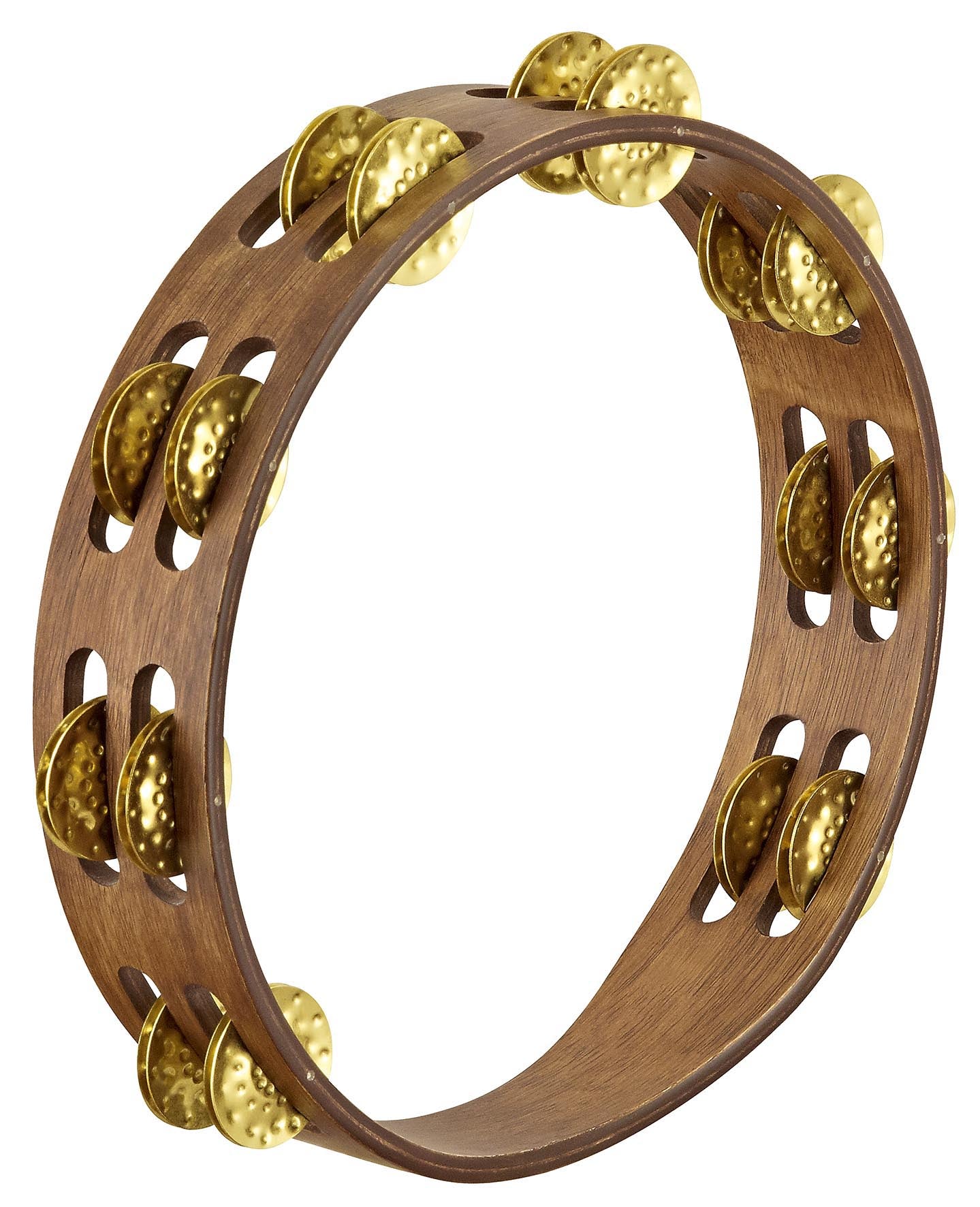Tambourin bois, 2 rangée de cymbalettes laiton martelé, Walnut brown