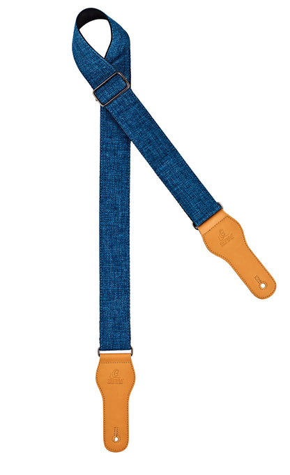 Courroie guitare, 100% coton, extrémités simili cuir, largeur 4.9 cm, longueur jusqu'à 158 cm, bleu
