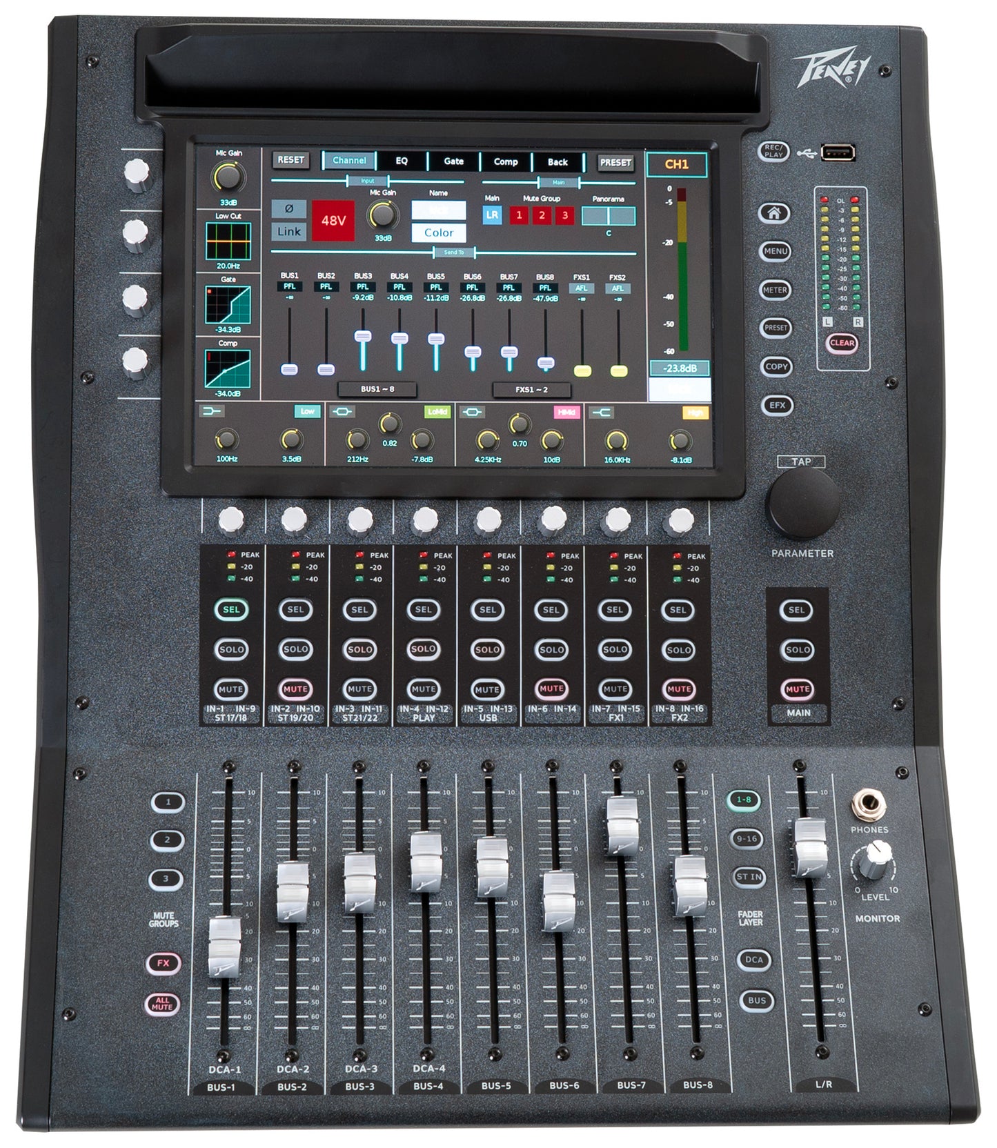Console de mixage numérique, 28 entrées/ 14 sorties, écran tactile 10", fonction Bluetooth, USB, Wifi, finition gris/noir