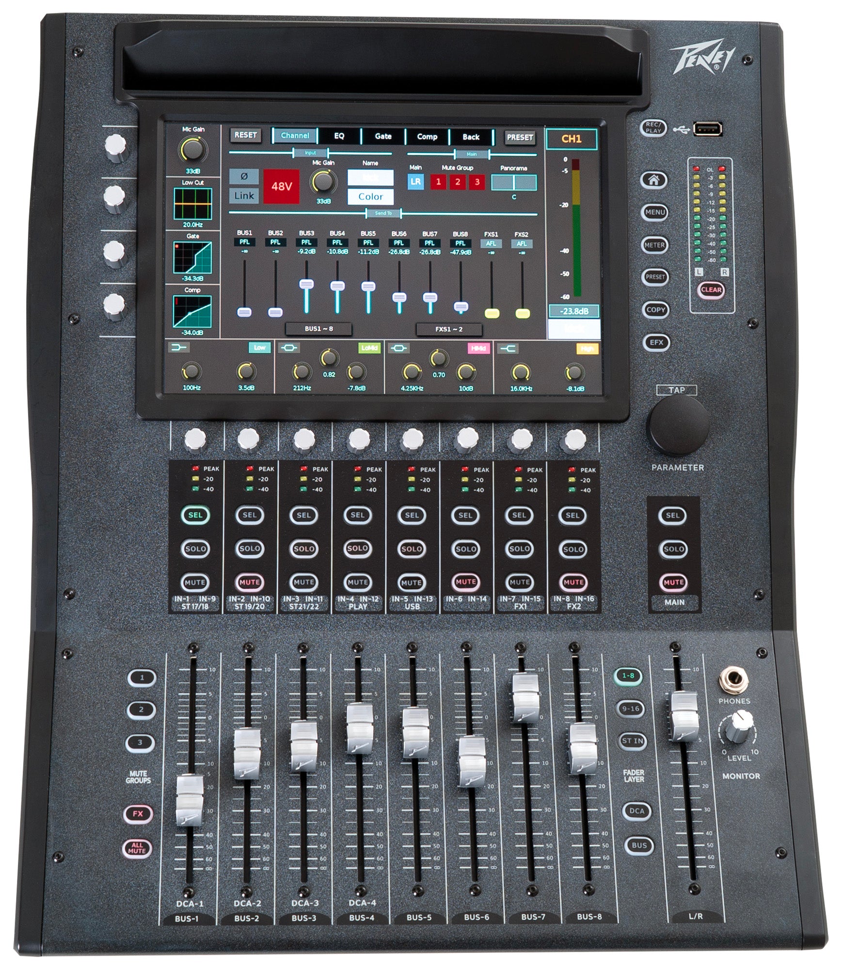 Console de mixage numérique, 28 entrées/ 14 sorties, écran tactile 10", fonction Bluetooth, USB, Wifi, finition gris/noir