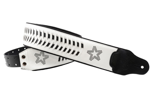 Courroie modèle PAUL TURNER SIGNATURE, extérieur synthétique, largeur 7 cm, longueur 95 à 150 cm, porte-médiators intégré, blanc