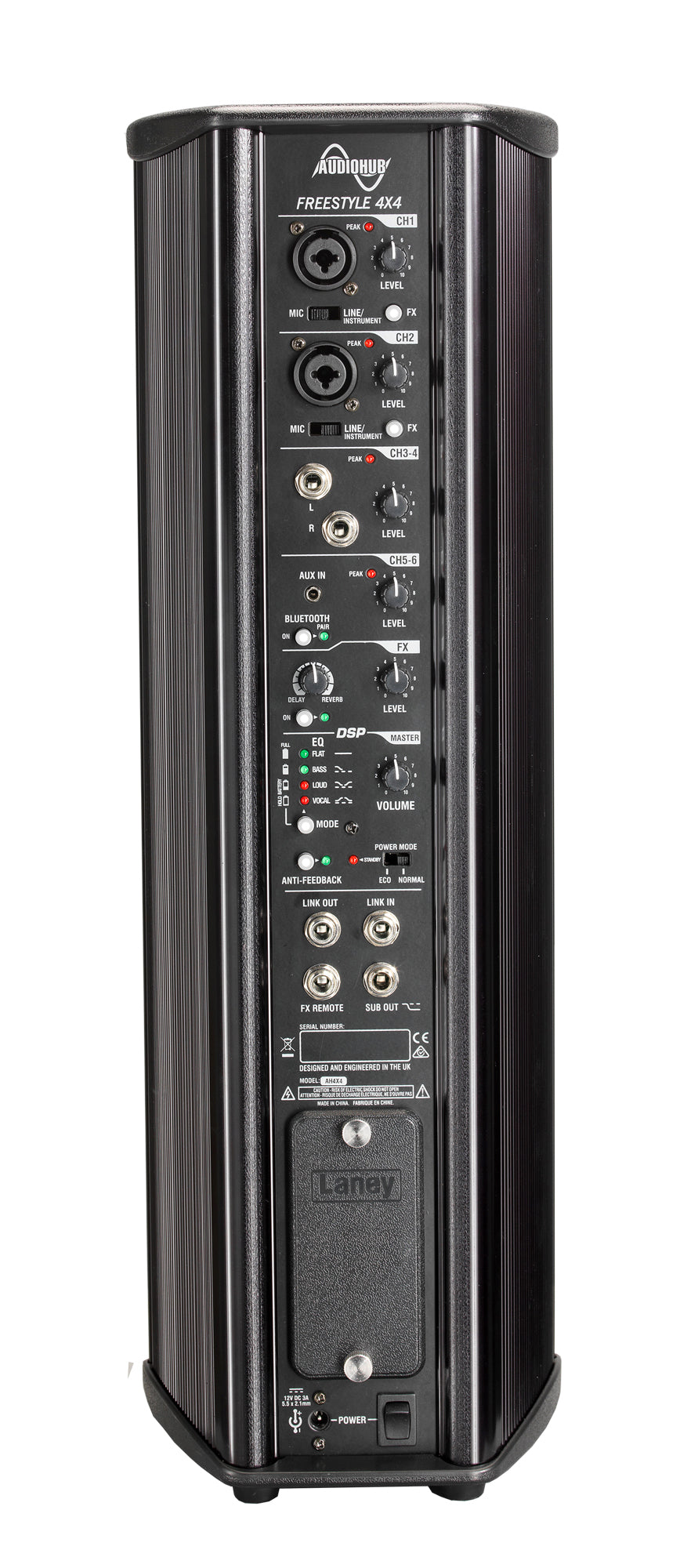 Enceinte amplifiée polyvalente 40W, 4 x HP 4" + tweeter HF, 6 canaux, réverb & écho intégrés, connectivité BLUETOOTH, 6.5 kg