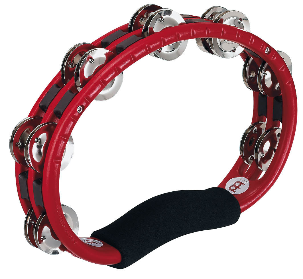 Tambourin ABS demi-lune, 2 rangées cymbalettes acier nickelé, sans attache, poignée ergonomique, rouge