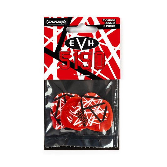 Sachet Variety Pack de 6 médiators EVH 5150 MAX-GRIP Nylon 0.60 mm (graphisme rouge à bandes noires et blanches)