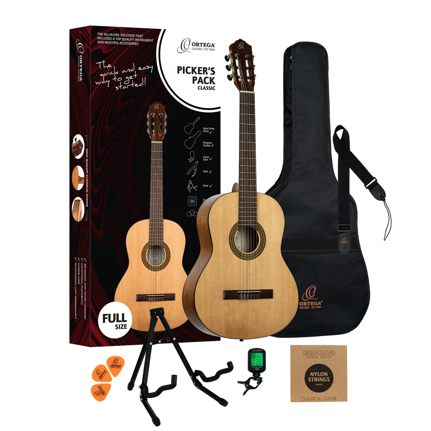 Ortega Picker Pack : guitare 4/4 avec table épicéa, housse, support, accordeur, sangle, jeu de cordes et médiators, naturel