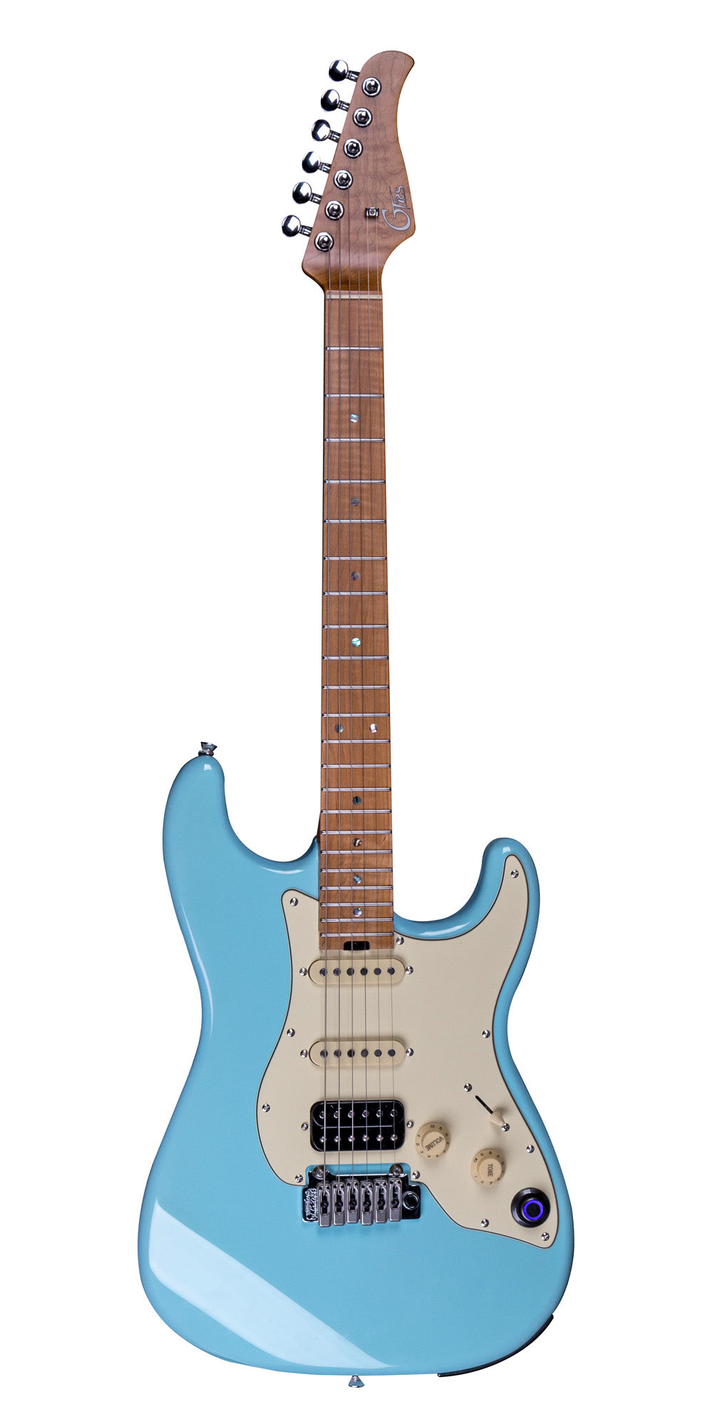 GTRS P801, corps aulne, manche érable flammé torréfié, touche érable, micros et processeur GTRS, tiffany blue