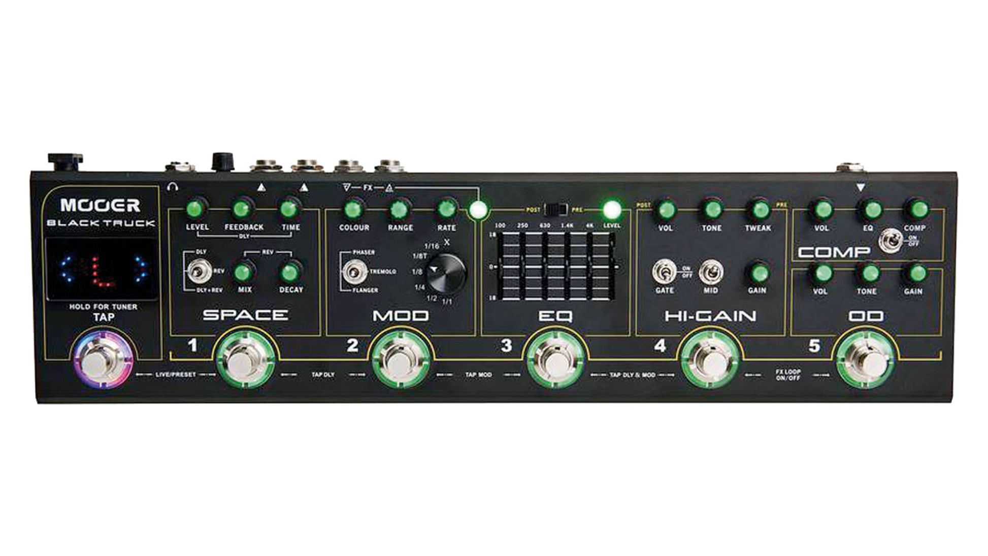 Pédalier BLACK TRUCK, 6 pédales d'effet (Compresseur, Overdrive, Distorsion, EQ, Modulation, Délai/Réverb), noir