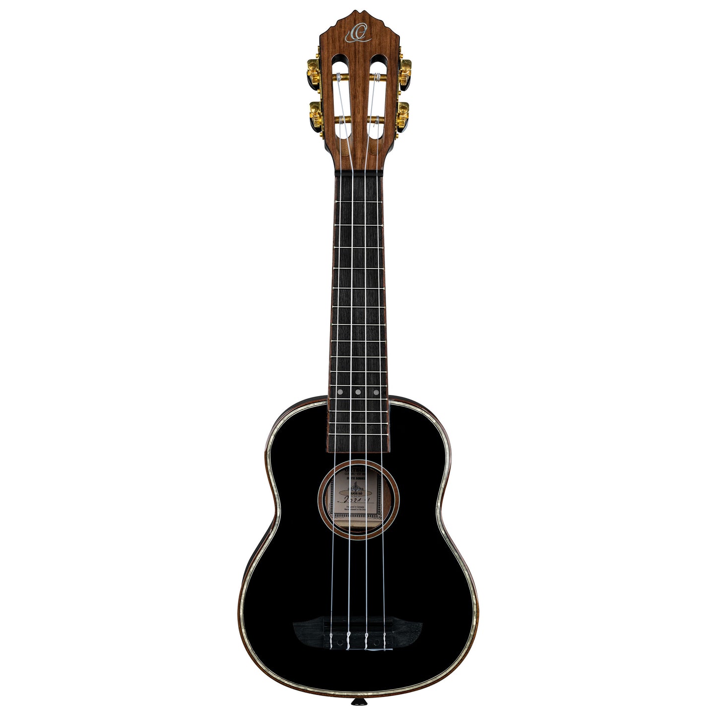 RUOX-SO, modèle Soprano, table épicéa, fond & éclisses acajou, manche acajou, housse luxe, noir brillant