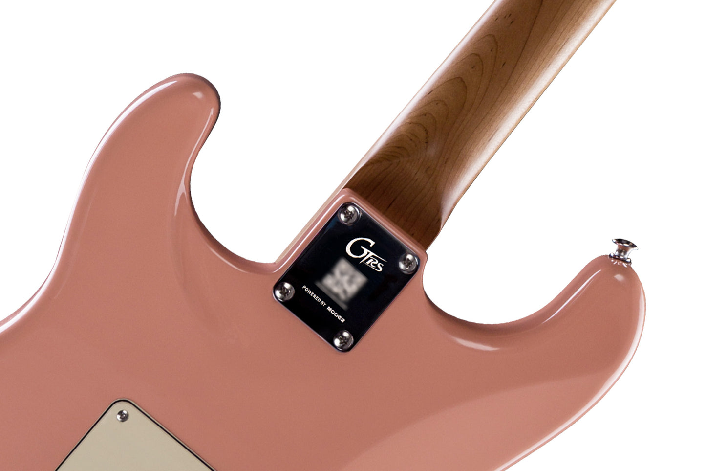 GTRS P800, corps aulne, manche érable flammé torréfié, touche palissandre, micros et processeur GTRS, flamingo pink