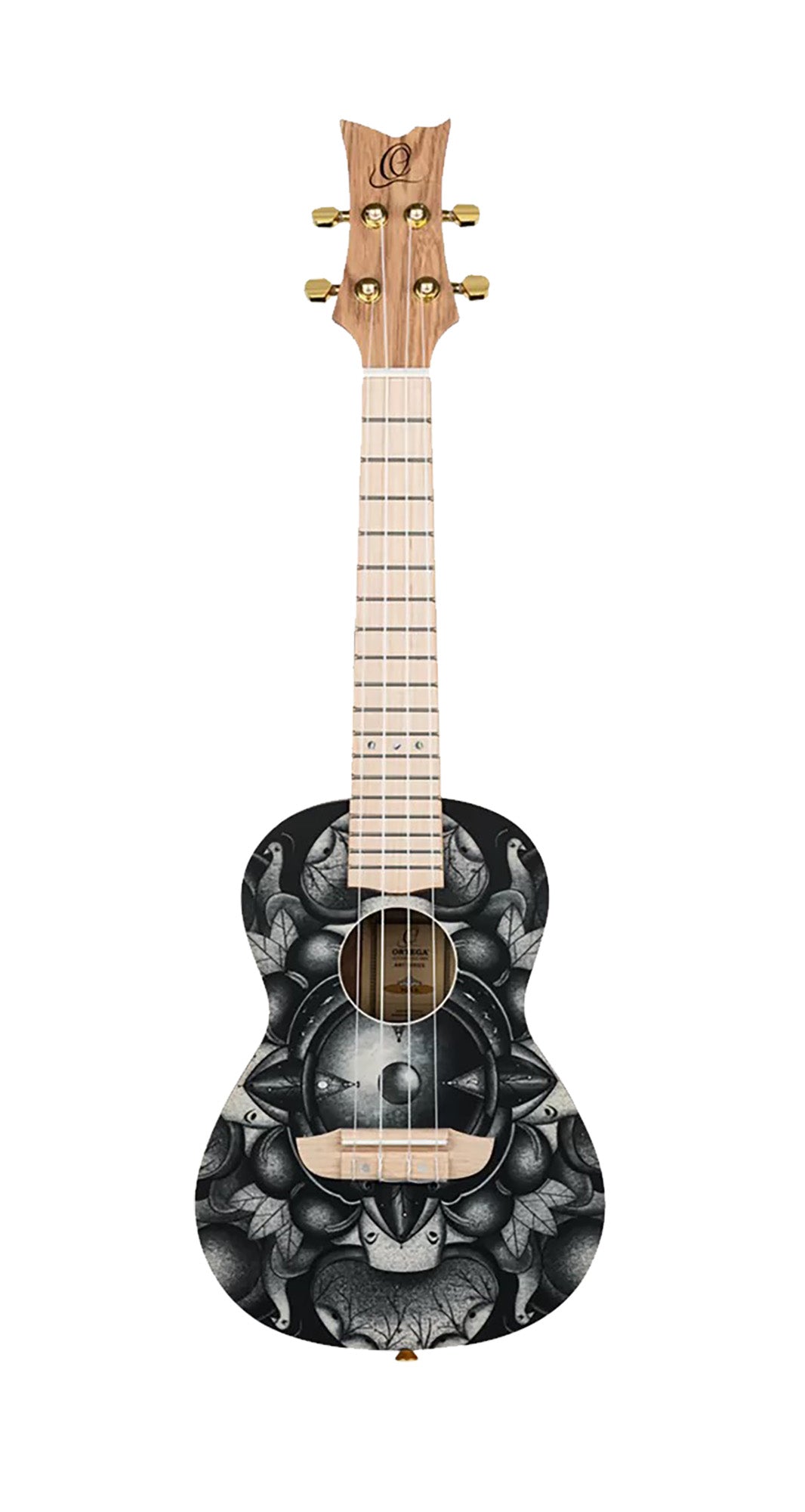 RUAR-BI, modèle Concert, table épicéa avec motif custom, fond & éclisses catalpa, manche nato, motif"oiseaux" satiné