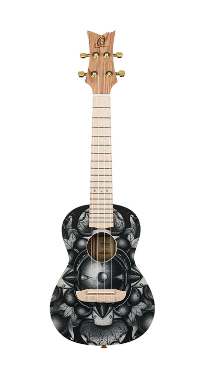 RUAR-BI, modèle Concert, table épicéa avec motif custom, fond & éclisses catalpa, manche nato, motif"oiseaux" satiné