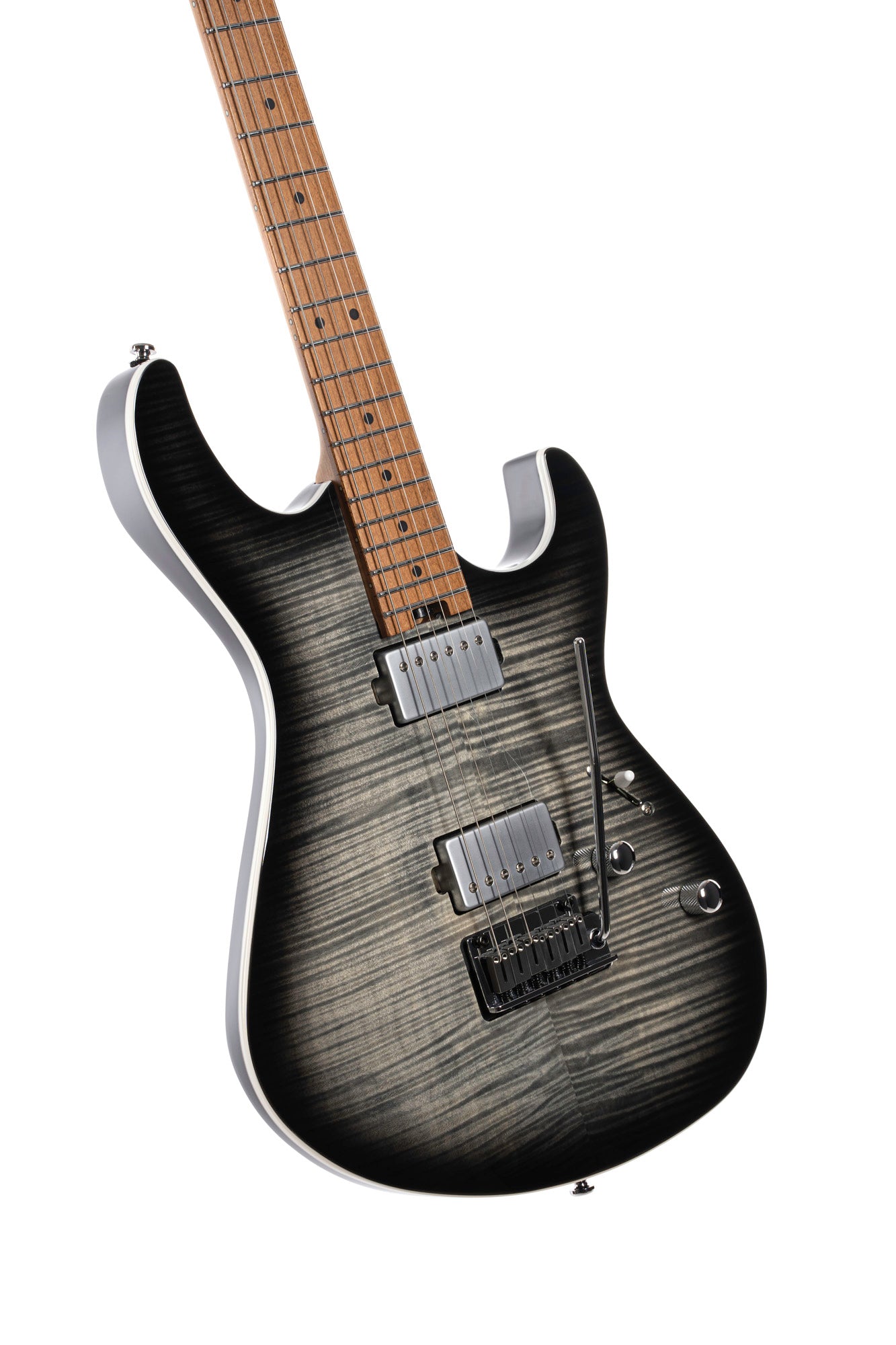 G290 FAT II, corps sassafras, table érable flammé, manche et touche érable torréfié, 2 micros Voiced Tone VTH-77, black burst