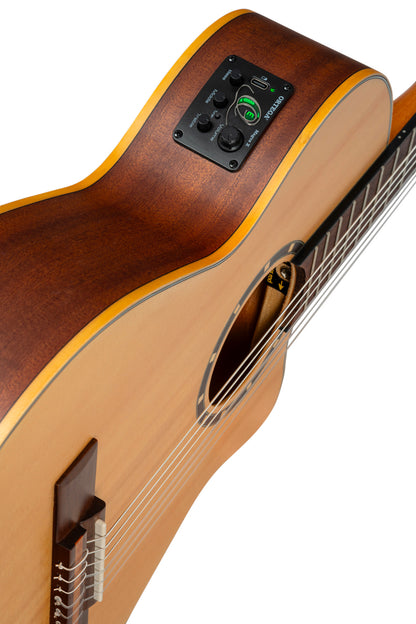 RCE125-34, corps Thinline, pan coupé, EQ Magus X/G, table épicéa, f/e acajou, sillet 45 mm, housse, naturel satiné