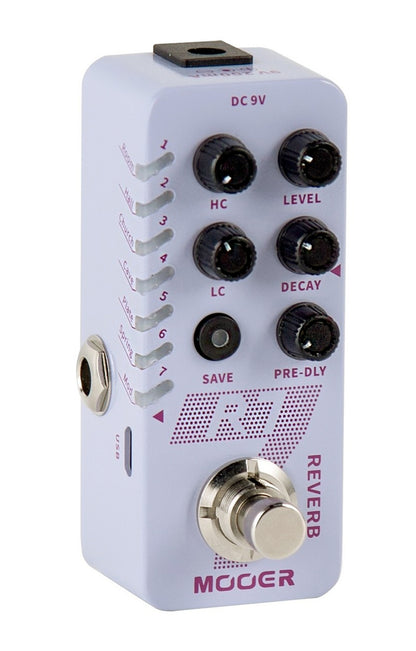 Pédale R7 REVERB, 7 types de réverbs numériques personnalisables, 7 presets utilisateurs, boîtier métal, blanc