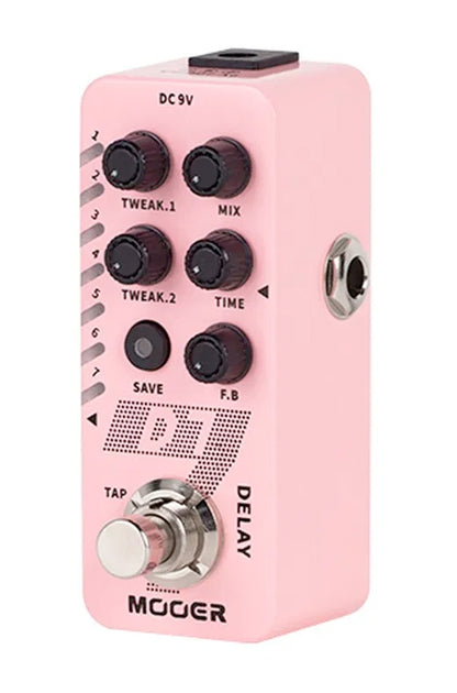Pédale D7 DELAY, 6 types de délais personnalisables et looper 150 secondes, 6 presets utilisateurs, boîtier métal, rose