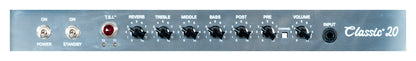 Ampli à lampes 20W, HP 1x 12", 2 canaux, EQ 3 bandes, Reverb intégrée, pédalier inclus, sortie DI, sortie casque, finition tweed