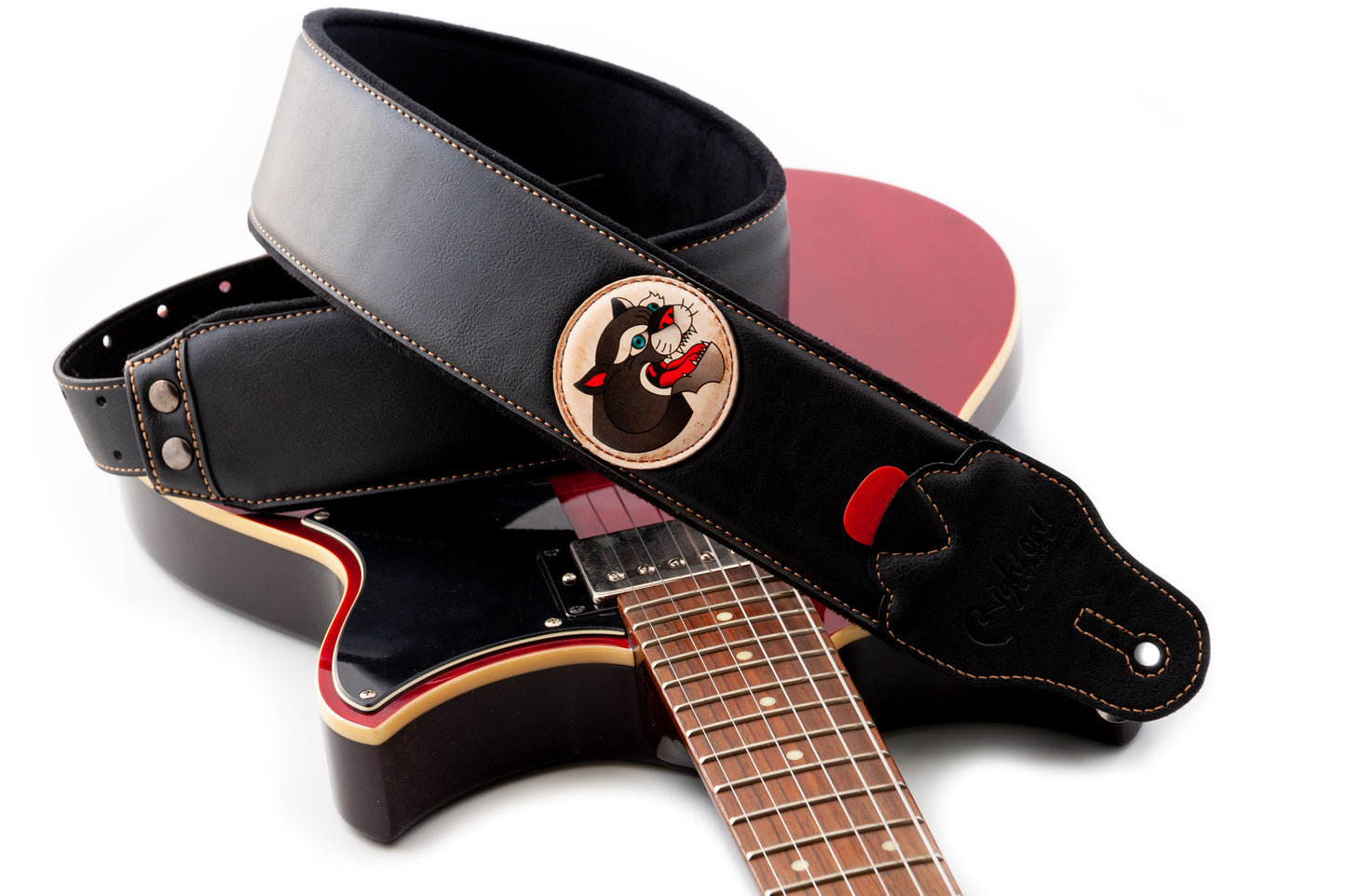 Courroie modèle TATOO PANTHER, extérieur synthétique, largeur 7 cm, longueur 98 à 153 cm, porte-médiators intégré, noir