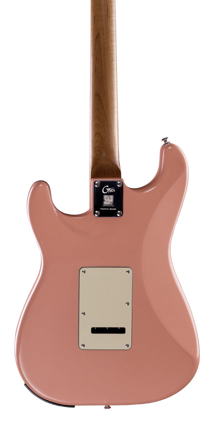 GTRS P800, corps aulne, manche érable flammé torréfié, touche palissandre, micros et processeur GTRS, flamingo pink