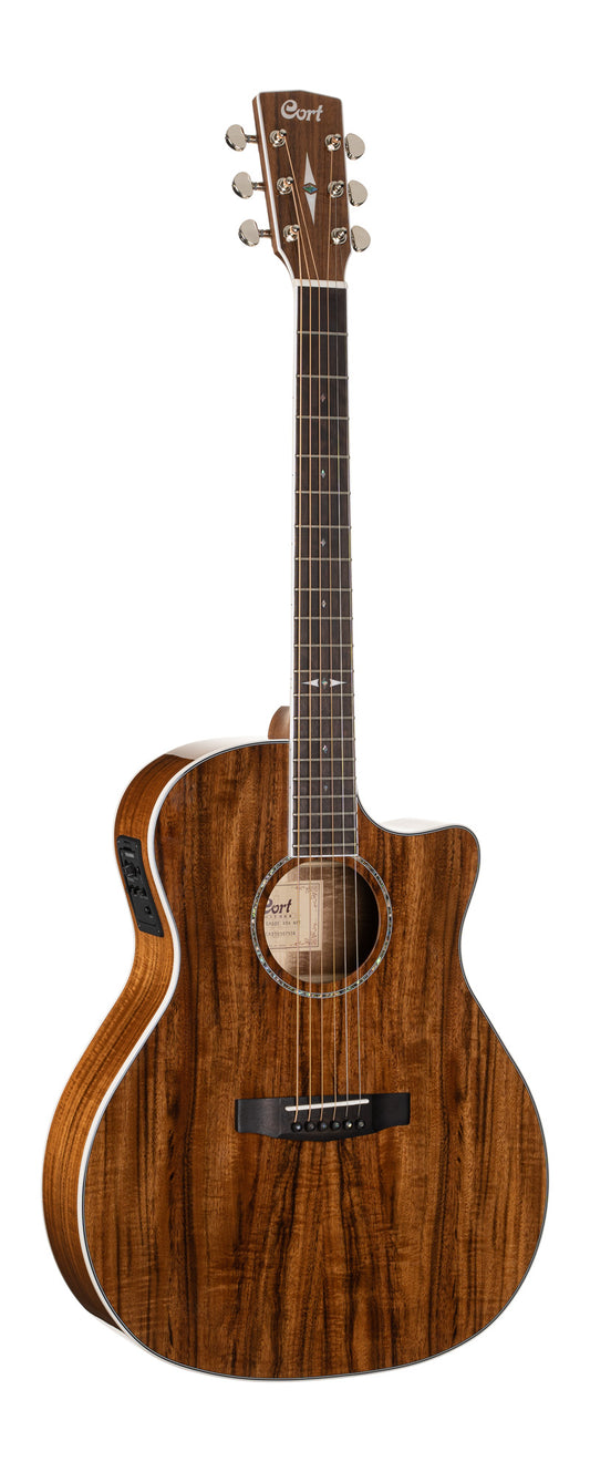 GA5F-KOA, table épicéa massif avec placage koa, tête assortie, f/e koa, manche acajou, EQ Fishman Presys, naturel brillant