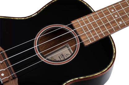 RUOX-CC, modèle Concert, table épicéa, fond & éclisses acajou, manche acajou, housse luxe, noir brillant