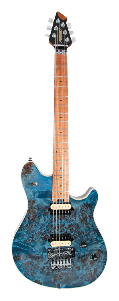 HP2 Poplar Burl, corps tilleul/érable flammé, manche érable flammé, Floyd sous licence, 2 micros Humbucker, finition Trans Blue